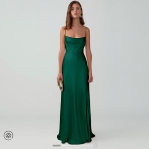 Fame and partner strapped draped gown in “forest green”